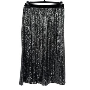 DR2 Sequin Shimmer High Waist Women's Midi Skirt Black Elastic Waist Lined XS